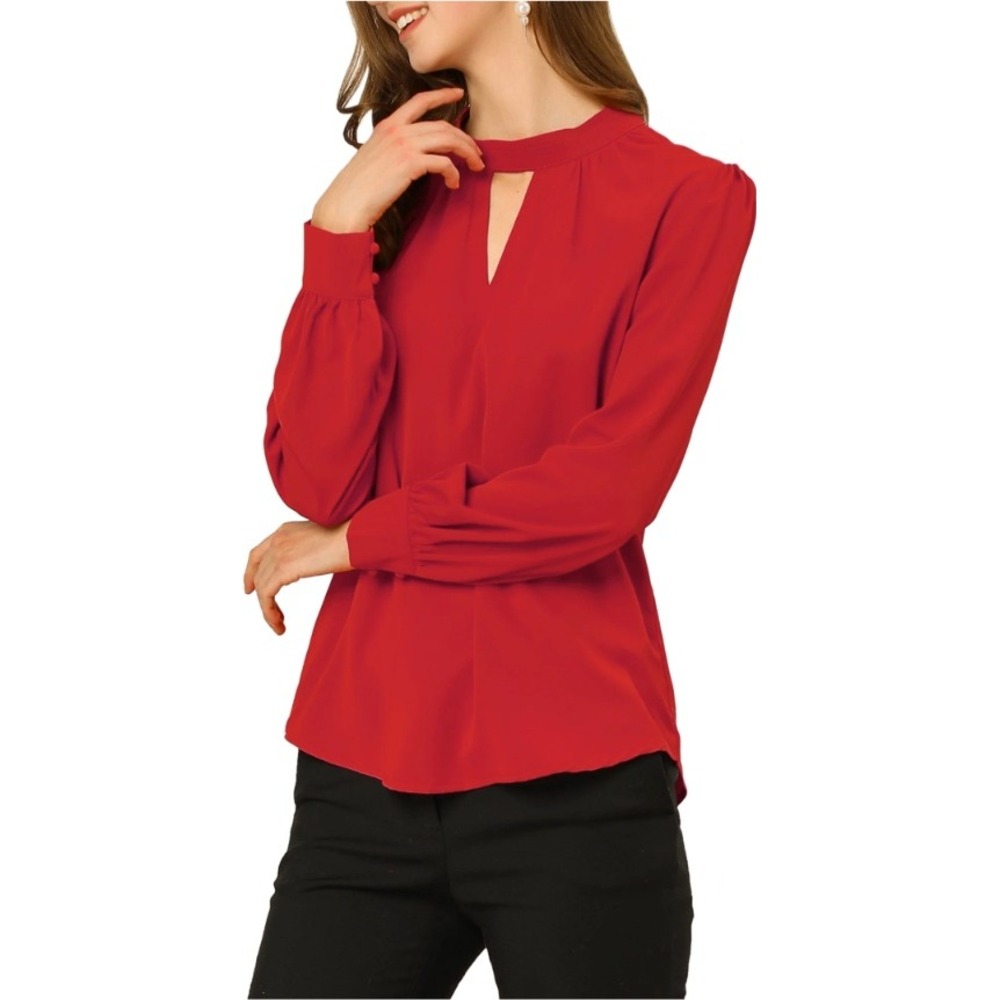 Allegra K Women Red Keyhole Neck Long Sleeve Blouse Top Size L NWT
